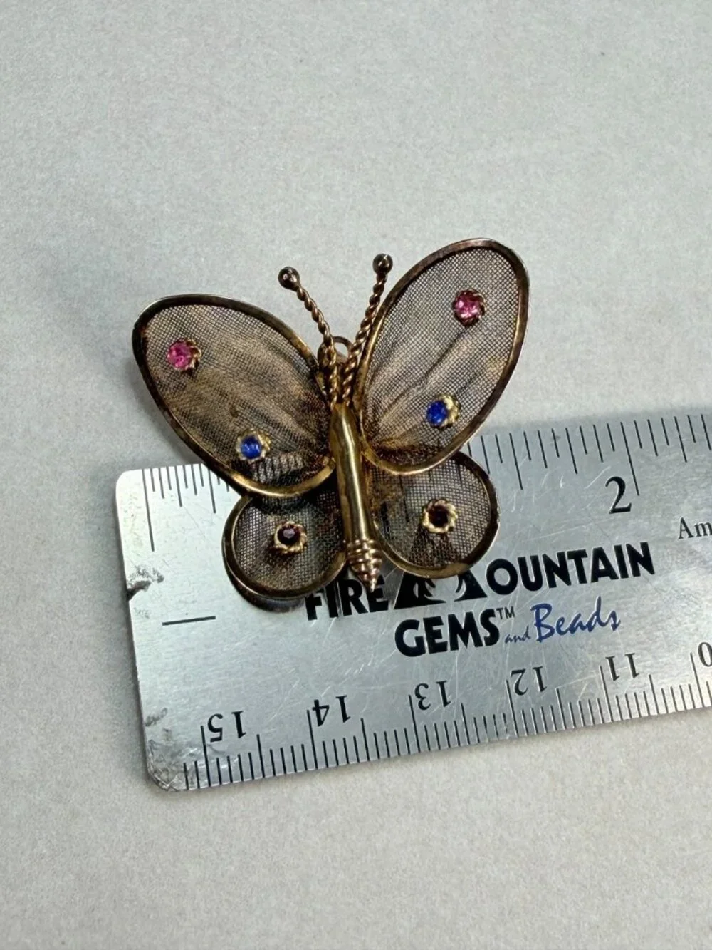Vintage Gold Mesh Butterfly Brooch Pin stone accents